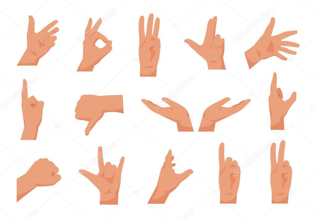 Flat hands. Cartoon human hands showing thumbs up, pointing and greeting. Vector isolated collection of arms gestures for presentation