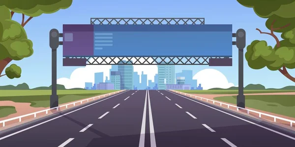 Autopista de dibujos animados. Camino vacío con horizonte de la ciudad en el horizonte y el paisaje de la naturaleza, vista de la carretera. Escena vectorial con camino a la ciudad — Archivo Imágenes Vectoriales