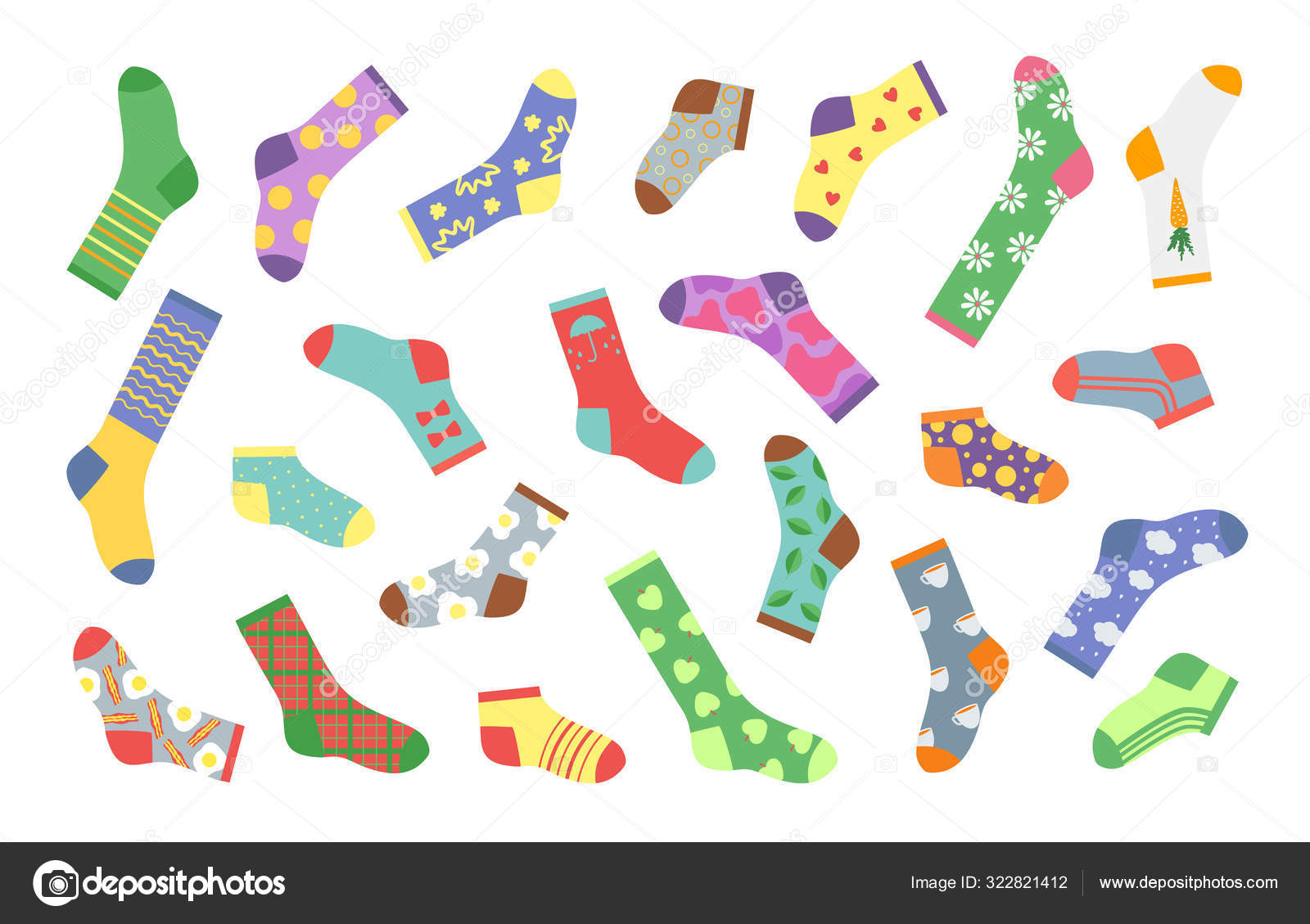 Cartoon socks. Bundle of socks with textures and patterns, winter clothing  elements. Vector flat set of woolen and cotton socks Stock Vector Image by  ©SpicyTruffel #322821412