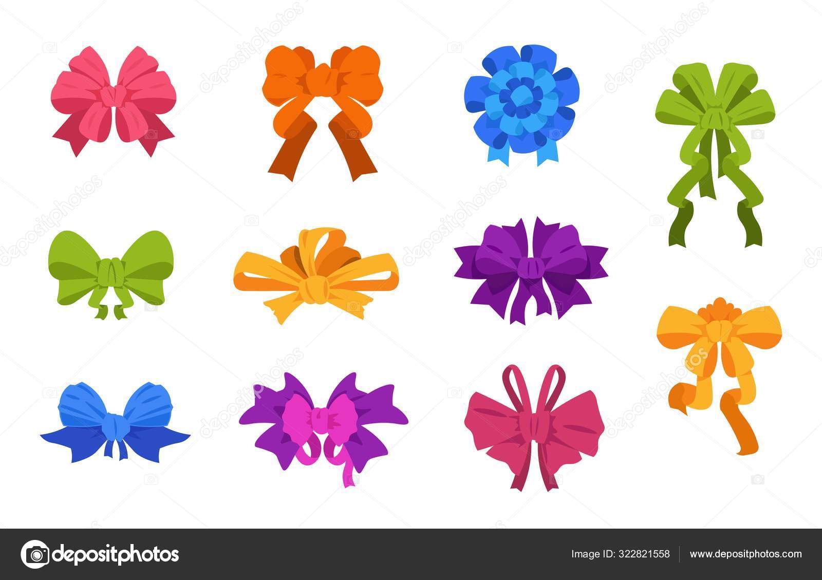 Bow Sticker, Set of Gift Bows with Ribbons, Simple Vector Icon