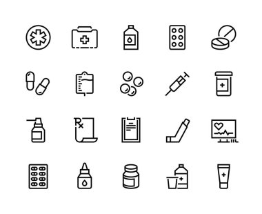 Drugs line icon. Medicine prescription, pharmacy recipes, pills capsules inhaler. Vector medical supplies for clinic and hospital clipart