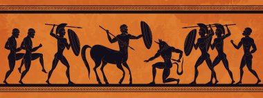 Ancient Greece scene. Historic mythology silhouettes with gods and centaurs, figures and pattern for ancient amphora. Vector art clipart