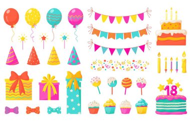 Birthday decoration. Kids party design elements, confetti balloons cakes colorful paper ribbons candles. Vector birthday set clipart