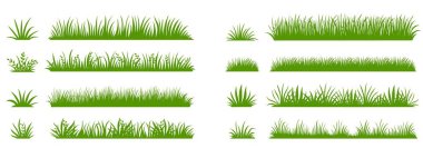 Green grass silhouette. Cartoon lines of plants and shrubs for boarding and framing, eco and organic logo element. Vector set clipart