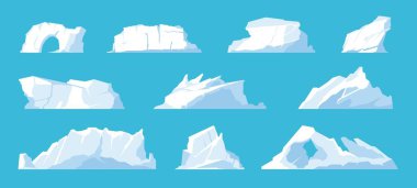 Buzdağları. Kuzey Kutbu ve Kuzey Kutbu 'ndaki elementler, eriyen buz dağları ve buzullar, kar örtüleri ve donmuş okyanuslar. Vektör seti