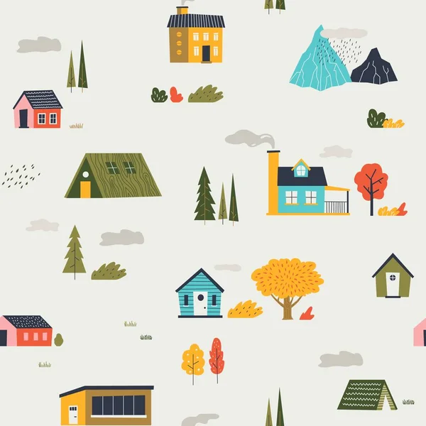 Lindo patrón de casas. Divertidos niños de dibujos animados textura sin costuras con casas diminutas árboles y montaña. Plantilla de ciudad o pueblo de impresión plana de moda vectorial — Vector de stock