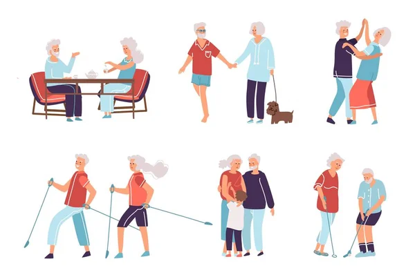 Viejos. Dibujos animados dibujados a mano ancianos y parejas, abuelos en diferentes actividades. Vector personas mayores felices — Vector de stock