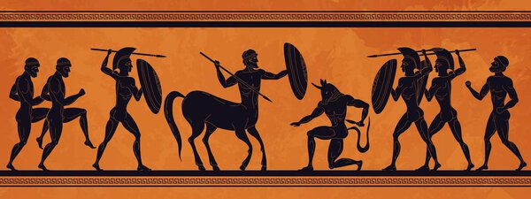 Ancient Greece scene. Historic mythology silhouettes with gods and centaurs, figures and pattern for ancient amphora. Vector art