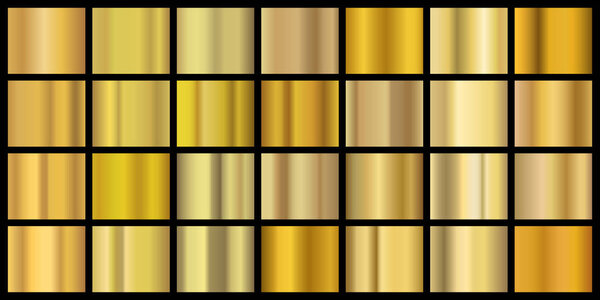 Golden gradients. Shiny metal texture for banner and background, yellow metal brass foil. Vector realistic copper border and frame texture