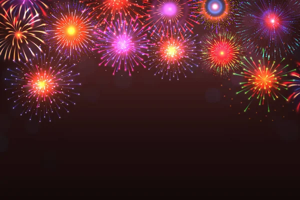 Fogos de artifício. Explosão colorida com efeito de explosão de luz no fundo escuro com lugar para texto. Vector festa festa cartaz —  Vetores de Stock