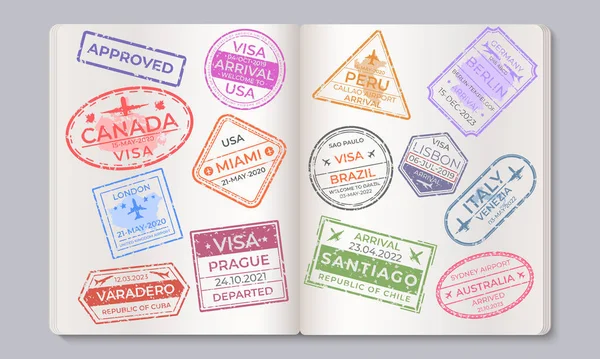 护照印章。 旅行和移民标记的收集、到达和离开机场印章。 矢量国家在护照上签名 — 图库矢量图片