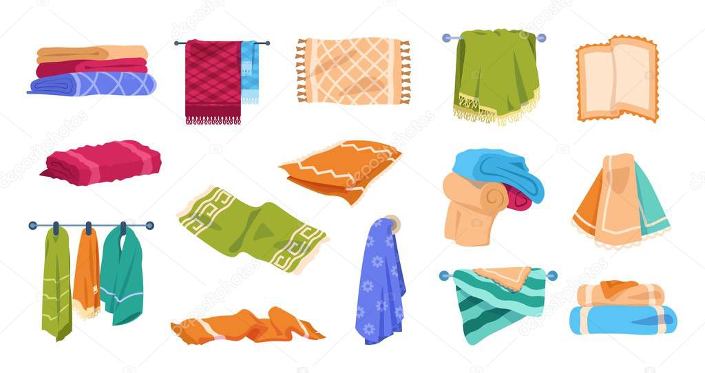 Bath towels. Beach and spa soft cotton towels in stack and rolled, hygiene and kitchen textile clothing for hands. Vector set