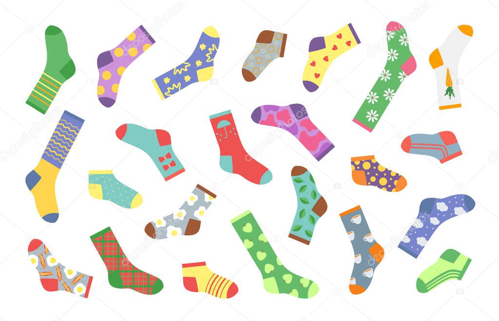 Cartoon socks. Bundle of socks with textures and patterns, winter clothing elements. Vector flat set of woolen and cotton socks