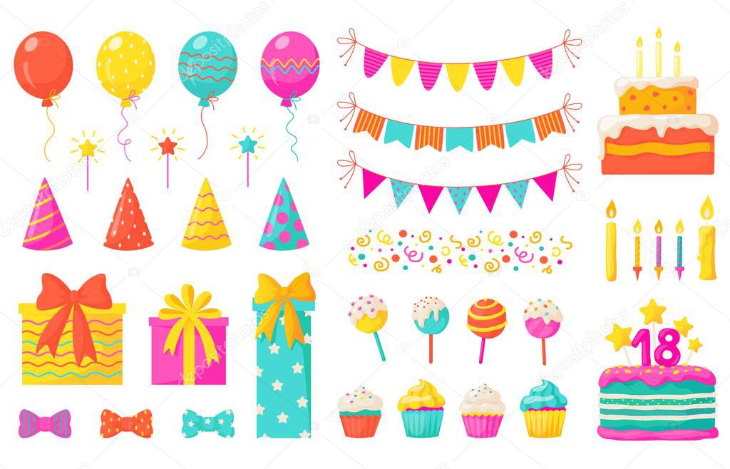 Birthday decoration. Kids party design elements, confetti balloons cakes colorful paper ribbons candles. Vector birthday set