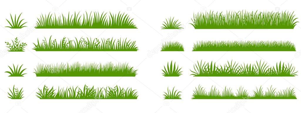 Green grass silhouette. Cartoon lines of plants and shrubs for boarding and framing, eco and organic logo element. Vector set