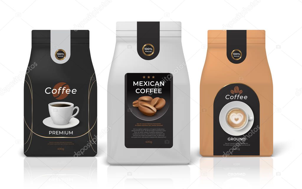 Coffee package mockup. Realistic food pack mockup with brand identity design, black white and brown paper zip packages. Vector set