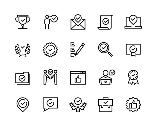 Satır simgelerini onayla. Kalite garantili ödeme onayı ve tasdik sertifikası ana hatları. Vektör kontrol işareti ayarlandı