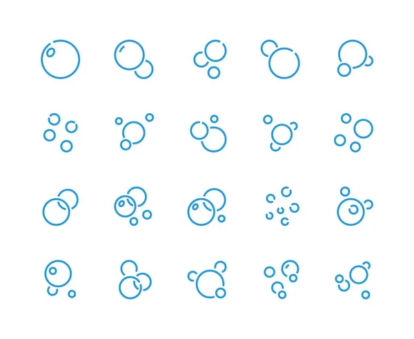 Burbujas línea iconos. Espuma de jabón y burbujas de aire, elementos químicos y moléculas, bebida gaseosa y oxígeno subacuático. Conjunto de vectores — Vector de stock