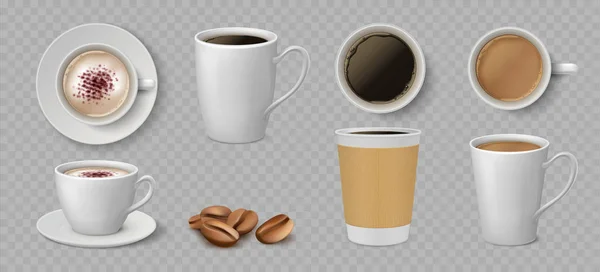 Realistische Kaffeetassen. weiße Keramik- und Papierbecher mit Espresso Latte und Cappuccino. Vektor 3d isoliert Kaffee-Set — Stockvektor