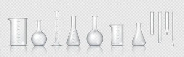 实验室玻璃器皿。 真实的实验室烧杯、玻璃瓶等化学容器, 3D测量医疗设备. 矢量集 — 图库矢量图片
