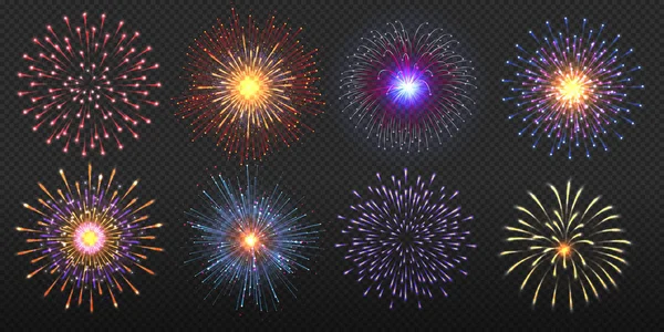 Fireworks. Realistic colorful and golden burst with brightly shining sparks, party celebration pyrotechnic. Vector light set — ストックベクタ