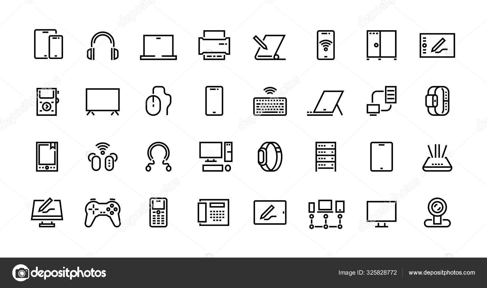 컴퓨터는 아이콘을 정렬 합니다. 데스크톱 PC, 노트북, 네트워크 스테이션 픽토그램, 태블릿 컴퓨터, 전자 하드웨어. 벡터 세트 스톡  벡터 - ©SpicyTruffel 325828772