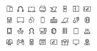 Computers line icons. Desktop PC, laptop and network station pictograms, tablet computer and electronic hardware. Vector set clipart