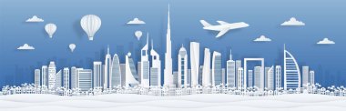 Dubai kağıt kesiği. Uae Skyline şehir panoraması. Poster ve kartpostallar için ünlü simgeler. Vektör Dubai şehir manzarası