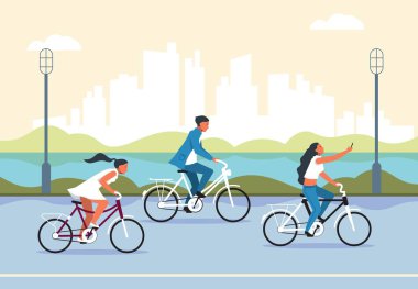 People riding bicycle. Cartoon active characters in city park riding bike, active and healthy lifestyle concept. Vector banner clipart