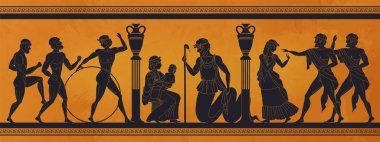 Ancient Greece mythology. Antic history black silhouettes of people and gods on pottery. Vector archeology pattern clipart