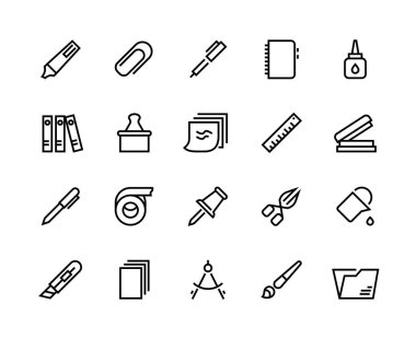 Kırtasiye satırı simgeleri. Okul ve ofis malzemeleri kalem makas klasörü yapıştırıcı ve yapıştırıcı ile. Vektör kağıt koli bandı ve cetvel ayarlandı