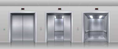 Realistic elevators. Closed open and half closed metallic cabin doors of passenger and cargo lift or indicator. Vector interior with metal doors clipart