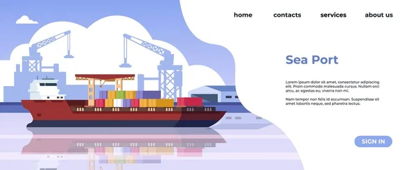 Liman iniş sayfası. Deniz taşımacılığı ve kargo gemileri ve yük gemilerinin olduğu deniz lojistik web sayfası. Vektör web sayfası — Stok Vektör
