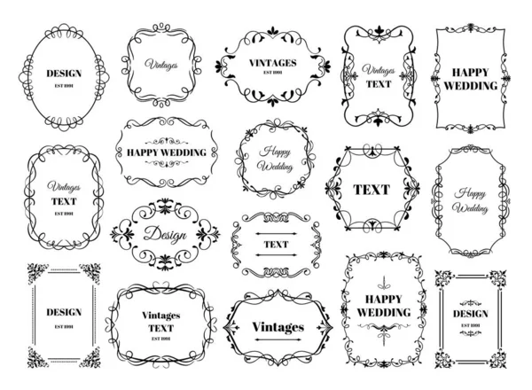 Vintage Frame Etikett. ornamentale Logos mit dekorativen floralen Retro-Elementen. Vektor antike Rahmen für Hochzeitseinladungskarten — Stockvektor