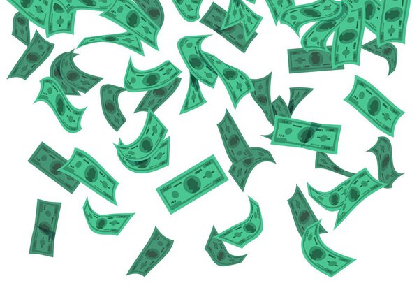Falling money. Flying green banknotes isolated on white, flat cash confetti, lottery winning concept. Vector earning money background