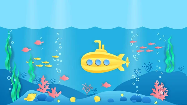 Submarino cortado en papel. Paisaje oceánico submarino con peces, algas y arrecifes de coral en estilo de papel de dibujos animados. Vector marino escena — Vector de stock