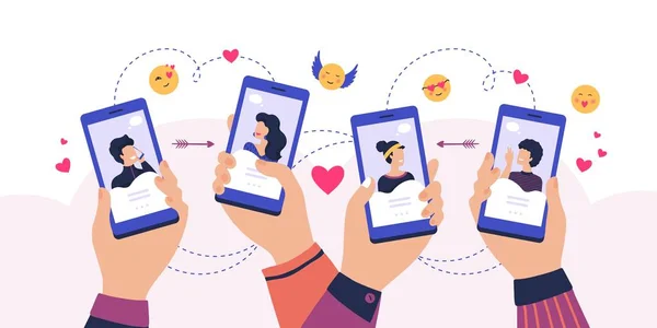 Mobile dating app. Cartoon hands holding smartphone with man and woman profiles, service for finding couple. Vector romance app — ストックベクタ