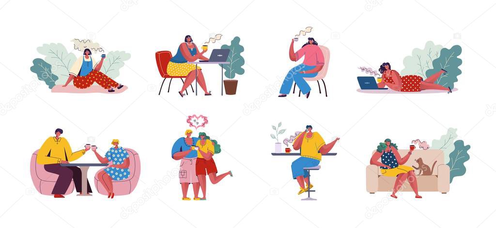 People drinking coffee. Trendy cartoon characters sitting at tables and communicating. Vector set of scenes at coffee shop and cafe