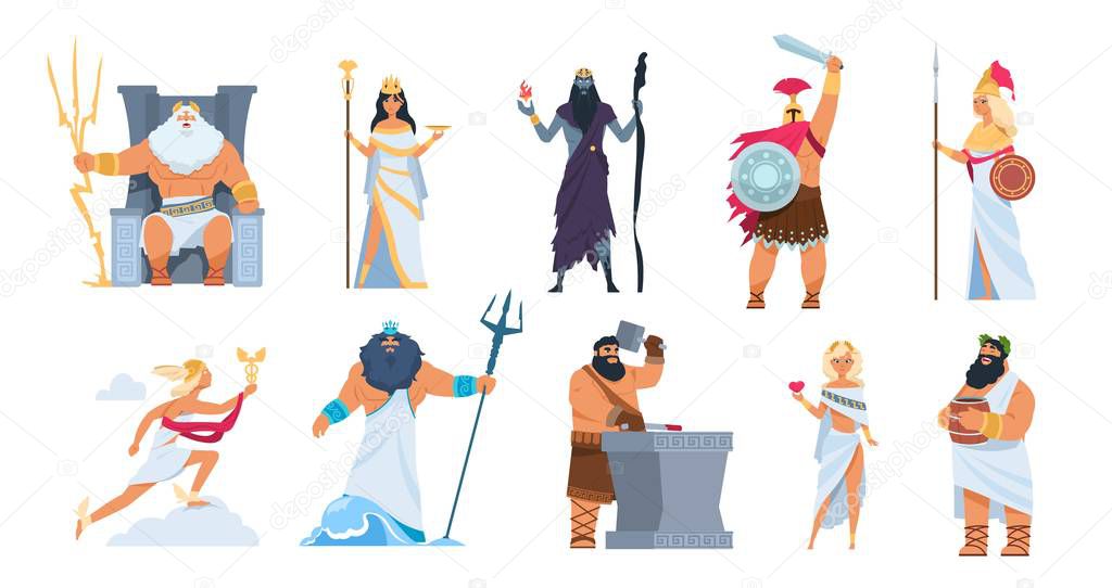 Greek gods. Cartoon ancient mythology characters, vector Zeus Ares a Poseidon gods and goddess isolated on white background
