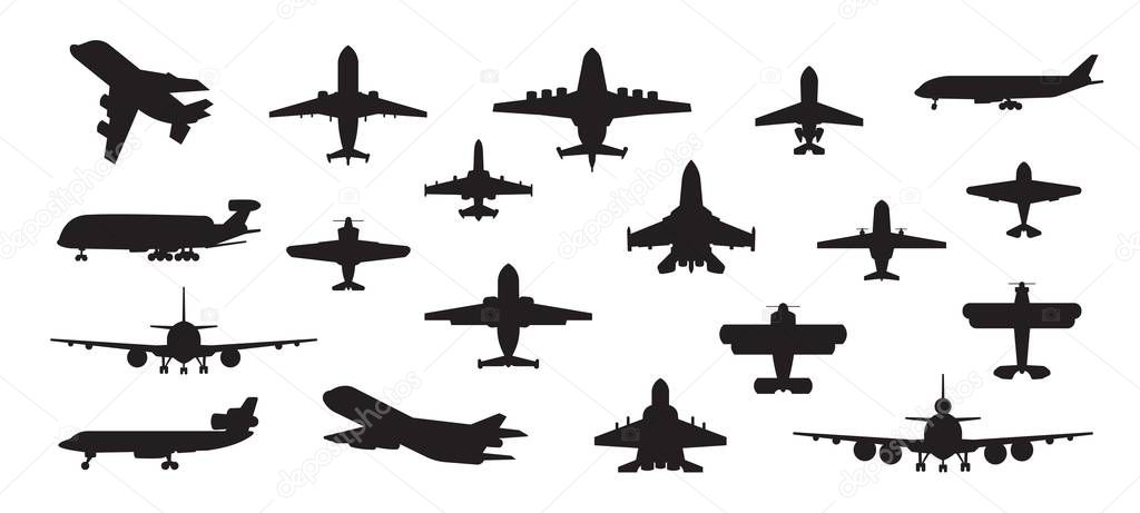 Airplane silhouette. Military jet plane and civil aviation passenger and cargo aircraft isolated on white. Vector air transport set