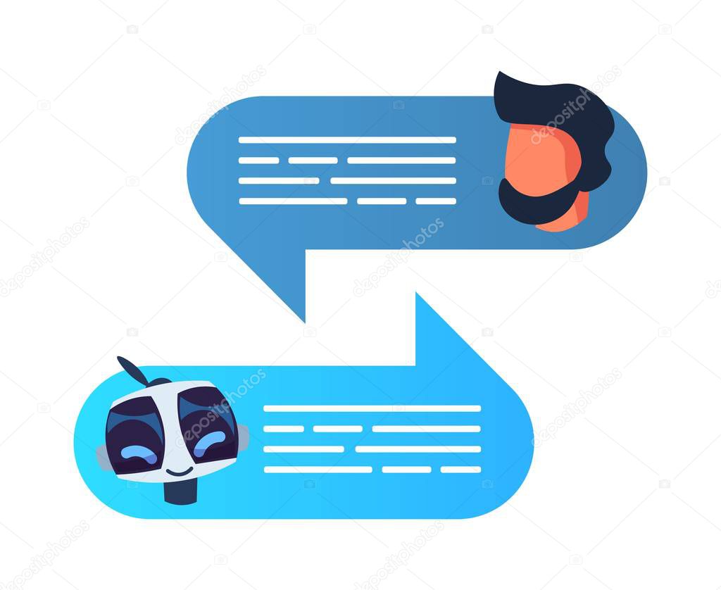 Chatbot robot concept. Dialog help service. Artifical intelligence customer support. Vector flat illustration