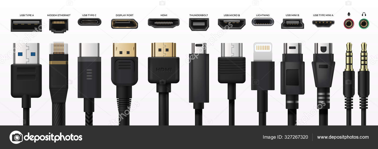 Socket usb plug in. Type-c port USB connector replacing type A micro and mini USB, 3, 5 jack charge connector, hand drawn MI. Vector set Stock Vector by ©SpicyTruffel 327267320