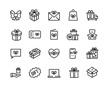 Hediye hattı simgeleri. İndirim teklifi, bonus ödülü ve özel müşteri programı, sezonluk hediye ve piyango kazananı. Vektör hediye kutuları ayarlandı