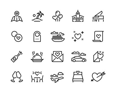 Balayı çizgisi simgeleri. Düğün yolculuğu, sevgililer günü kalp simgeleri, aşk ve evlilik seyahati. Vektör romantik seyahat seti