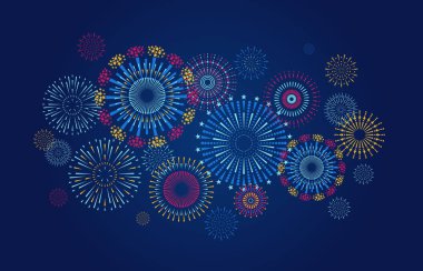 Havai fişek arka planı. Renkli yıldız patlaması ve konfetiyle yıldönümü ve Noel bayrağı. Vektör doğum günü pankartı