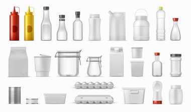 Yiyecek paketleri. Sos şişeleri ve mısır gevreği kapları, gerçekçi mutfak kutuları, karton plastik ve metal paketler. Vektör izole edilmiş boş maketler