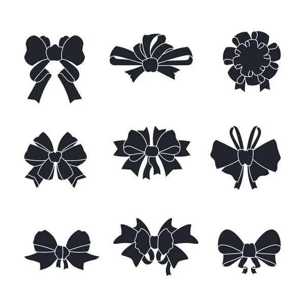 Arcs noirs et rubans. Cadeau cravates silhouettes isolées sur blanc, cadeau d'anniversaire et Nouvel An arc cadeau. Éléments décoratifs vectoriels — Image vectorielle