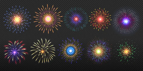 Feux d'artifice. Fêtes pyrotechniques lumière, éclat coloré et doré avec des étincelles brillantes. Feux de célébration vectoriels réglés — Image vectorielle