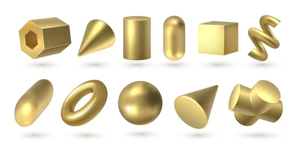 Altın geometrik şekiller. Gerçekçi 3D metal elementler beyaz, poster tasarımı için soyut figürler. Vektör izometrik kümesi — Stok Vektör
