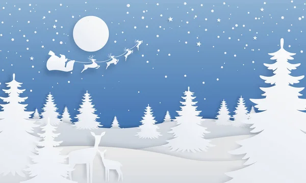 Papel cortado paisaje de invierno. Escena de papel de dibujos animados con abetos, noche estrellada, ciervos y Santa Claus. Vector fondo de Navidad — Vector de stock